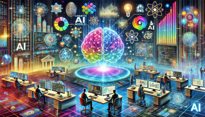 A futuristic and vibrant illustration reflecting the concept of Generative AI as a catalyst for change. Key elements include:1. **Generative AI Models**: - A central glowing AI brain with networks of interconnected nodes and pathways representing neural connections. - Holographic displays showcasing prominent AI models like ChatGPT-4, Gemini 2.0, and Claude 3.0 as advanced tools transforming industries. - Text-to-video generation visuals with dynamic screens producing realistic video animations.2. **Corporate and Technological Influence**: - Logos of major AI players like Google, Microsoft, and OpenAI in futuristic tech hubs or labs. - Engineers and data scientists working at high-tech computer stations surrounded by holographic data and AI visualizations.3. **AI Applications**: - AI-powered coding assistants supporting programmers in a sleek digital workspace. - AI-driven video generation with screens showing life-like videos emerging from textual prompts. - A futuristic Earth-like globe with data streams representing global climate predictions and AI simulations.4. **Global Geopolitical and Economic Impact**: - Visuals of digital maps displaying interconnected continents, with AI networks linking global industries. - A scene showing policymakers and regulators discussing AI governance and ethics.5. **Technological Challenges**: - A glowing server farm with energy streams symbolizing the massive computational power needed for AI. - Abstract data clouds representing the scale of data required for training AI models.The background features a clean, futuristic landscape filled with vibrant blue and purple neon lights. Abstract patterns of neural networks and digital nodes flow throughout the image, emphasizing innovation and transformation. The atmosphere is dynamic, intelligent, and forward-looking.
