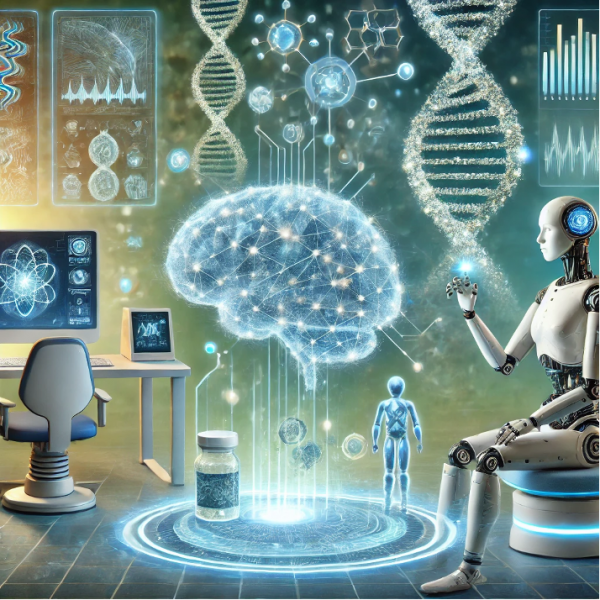 A futuristic and visually stunning illustration depicting the revolutionary potential of artificial intelligence (AI) in biomedicine. The scene includes a human brain interconnected with glowing digital neural networks, symbolizing advancements in neuroscience and mental health. Beside it, a robotic hand interacts with holographic molecular structures, illustrating AI's role in personalized medicine and drug development. On another side, advanced computer screens display DNA helixes, showing genetic analysis and genome editing breakthroughs. The background features a serene hospital setting with AI-powered robotic devices assisting in diagnostics and early disease detection. The color palette includes soft blue, glowing white, and subtle green tones to represent technology and health.