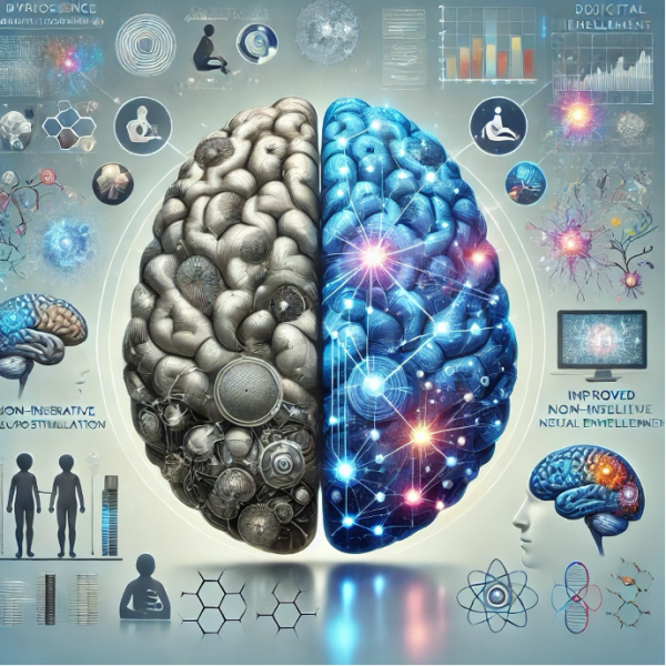 An illustration reflecting the synergy between neuroscience and artificial intelligence. The image should include a futuristic human brain, half represented as biological neurons and the other half as digital circuits or an AI network. The biological side should include neuron-like structures with glowing synapses, while the AI side should show sleek, interconnected pathways resembling computer circuits. Around the brain, visual elements should depict key advancements like neuroimaging devices (e.g., brain scans), non-invasive neurostimulation tools, molecular representations for drug development, and robotic AI therapy assistants. Subtle imagery should include children with autism interacting with AI devices, improved cognitive enhancement visuals, and symbols of mental health recovery like calm faces or serene nature. The overall color scheme should be vibrant with blues, silvers, and subtle warm tones to convey innovation and human well-being. The background should be minimalistic but futuristic, like a high-tech lab or a digital interface.