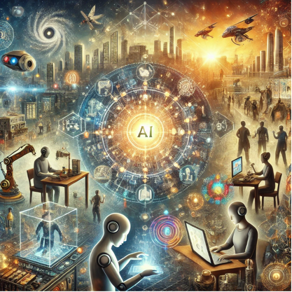 An artistic representation of the evolution of work and meaning in the age of artificial intelligence. The illustration features a futuristic cityscape with humans and robots working together in harmony. A glowing AI interface is at the center, symbolizing innovation, surrounded by individuals engaging in creative and interpersonal activities. The background shows advanced technologies like drones, automated factories, and holographic displays. The foreground highlights human connection, education, and a sense of purpose through art, spirituality, and social interaction. The overall color scheme includes metallic and futuristic tones, complemented by warm and optimistic hues.