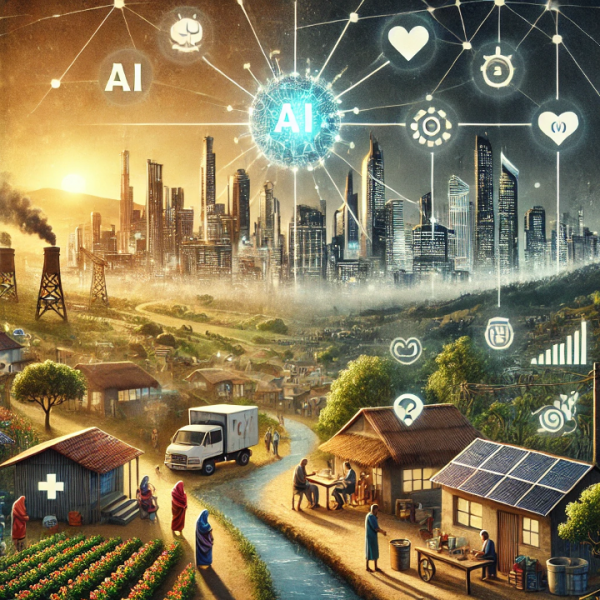 A visually compelling illustration representing the economic development and poverty challenges in the age of artificial intelligence. The artwork features contrasting scenes of a high-tech urban skyline with advanced AI technologies and a rural developing country village. Key elements include a glowing network symbolizing AI, a healthcare system powered by AI, advanced agricultural technologies improving food security, and clean energy solutions. The image shows both the promise of AI and the challenges of unequal access, with people learning and working collaboratively. The tone is hopeful, highlighting opportunities for global equality.