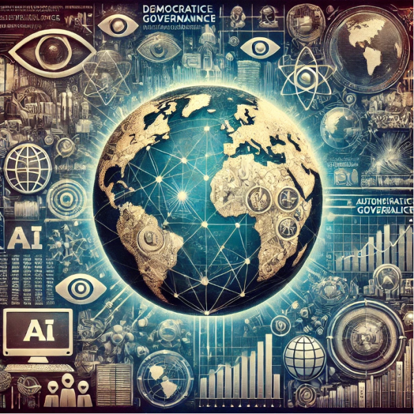 An artistic illustration of global governance and democracy in the era of artificial intelligence. The image features a globe surrounded by AI-driven technology symbols, such as neural networks, holographic interfaces, and interconnected data streams. On one side, democratic values are represented through images of collaborative decision-making and transparent governance systems. On the other, authoritarian control is depicted with surveillance cameras and restricted digital environments. The contrast emphasizes international collaboration versus competition in AI leadership. The tone is serious yet optimistic, with futuristic and technological elements balancing hope and caution.