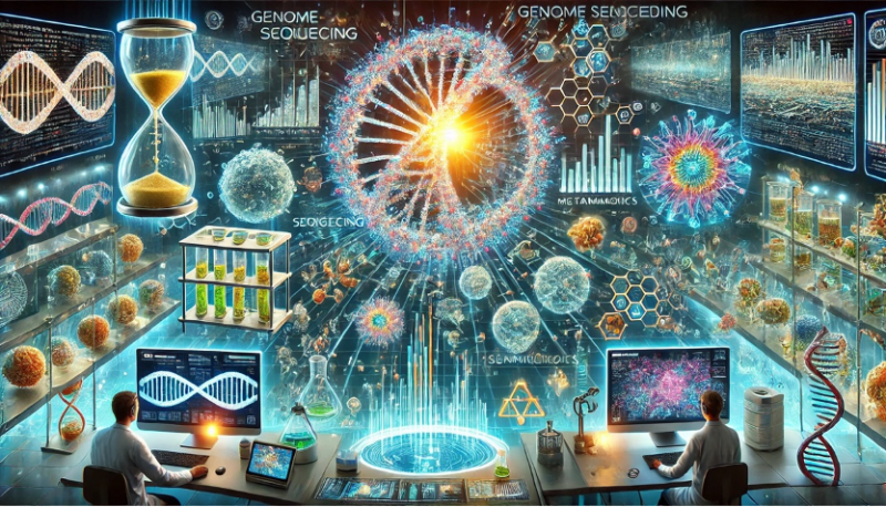 A highly detailed futuristic illustration representing advanced genome sequencing and metagenomics technologies. The image highlights key innovations and applications in biomedicine and ecology. Key elements include:1. **Genome Sequencing Advances**: - A futuristic laboratory with holographic displays showing real-time genome sequencing data. - Scientists using advanced sequencing tools such as nanopore devices and ion semiconductor chips. - Digital DNA strands glowing in vibrant blue and gold, visualizing the process of genome sequencing.2. **Metagenomics Applications**: - Microbial ecosystems visualized at a molecular level, showing interactions between microorganisms in environments like the human gut, soil, and deep-sea vents. - Holographic data screens showing real-time pathogen detection in food safety monitoring. - Abstract visuals of environmental cleanup using microorganisms to break down toxins.3. **Innovative Technologies**: - A miniaturized ‘lab-on-a-chip’ device combining AI, microfluidics, and metagenomics for environmental monitoring. - High-tech devices synthesizing DNA fragments, with tools like Twist Bioscience innovations visualized.4. **Quantum Biology**: - A glowing biological molecule with quantum effects, representing interactions between physics and biology. - Scientists exploring magnetic protein structures inspired by bird navigation.5. **Human Genome Diversity**: - Diverse teams of researchers analyzing genome data, symbolizing global efforts to map human diversity. - Digital displays of complete human genome maps with regions of telomeres and hidden areas visualized.The background features a futuristic high-tech bioinformatics lab, glowing DNA visuals, and holographic displays integrated seamlessly into the environment. The scene should exude scientific innovation, molecular precision, and progress in genome-based technologies. Include a dynamic, clean, and technologically vibrant atmosphere.