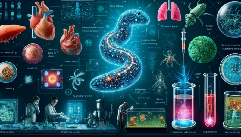 A futuristic, highly detailed illustration representing bioprinting and bioelectronics integrated into living organisms. Key elements include:1. **Bioprinting Electronics in Living Organisms**: - A glowing nematode worm with embedded electronic circuits printed inside its body, shaped like stars and squares. - Scientists using photonic 3D printers and advanced tools to bioprint conductive electronics in organisms.2. **Bioprinting Organs and Tissue Engineering**: - A futuristic bioreactor with glowing, functional human hearts growing inside. - Scientists monitoring thick vascularized tissues being 3D-printed with living human cells in high-tech labs.3. **Organoids in Medicine**: - Miniature brain, lung, and liver organoids glowing under microscopic examination in laboratory dishes. - Visuals of human brain organoids being integrated into damaged rat brains with scientists observing neural connections.4. **Advanced 3D Printing Technologies**: - Futuristic robotic arms and holographic tools creating synthetic tissues and organs in real-time. - Abstract visuals of bioprinted pills, showing advanced 3D tablets optimizing drug delivery.5. **Synthetic Biology Progress**: - Scientists engineering synthetic bacteria capable of movement and specific functions in biotechnological applications. - Miniature glowing synthetic organisms moving through abstract biological environments.The background features a clean, futuristic biomedical lab filled with glowing 3D printers, holographic data screens, and advanced biotechnological tools. The overall atmosphere is vibrant, scientific, and futuristic, showcasing the intersection of bioprinting, bioelectronics, and synthetic biology.