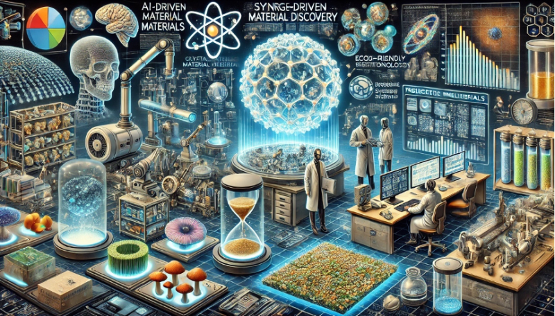 A highly detailed futuristic illustration representing the synergy of artificial intelligence and biotechnology in creating revolutionary new materials. The key concepts reflected in the image include:1. **AI-Driven Material Discovery**: - A high-tech lab with glowing holographic displays showing crystal structures and molecular blueprints of new materials. - Scientists interacting with AI-driven systems (like DeepMind’s GNoME) visualizing millions of predicted stable materials for solar cells, batteries, and semiconductors. - Robotic systems autonomously synthesizing these materials at a rapid pace.2. **Biotechnological Innovations in Materials**: - Bioreactors growing sustainable materials, such as mushroom-based mycelium sheets for eco-friendly textiles and packaging. - Close-up visuals of mushroom fibers being processed into durable, fire-resistant materials. - Eco-friendly packaging made of biodegradable materials glowing under a futuristic lab environment.3. **Applications in Fashion and Industry**: - Luxury fashion items like handbags and shoes displayed, made from sustainable mushroom leather. - Futuristic eco-friendly packaging designs, including smart packaging with sensors that change color to indicate food freshness. - Robotics and 3D printing systems creating these materials with precision.4. **Eco-Friendly Future**: - A clean and sustainable futuristic factory powered by renewable energy, emitting green lights. - Visuals of advanced bio-packaging and mushroom-based materials replacing traditional plastics.The background features a vibrant and futuristic atmosphere, with high-tech labs, glowing bioreactors, and scientists collaborating with AI systems. The scene should exude innovation, sustainability, and technological progress, showcasing the transformation of materials industries through AI and biotechnology.