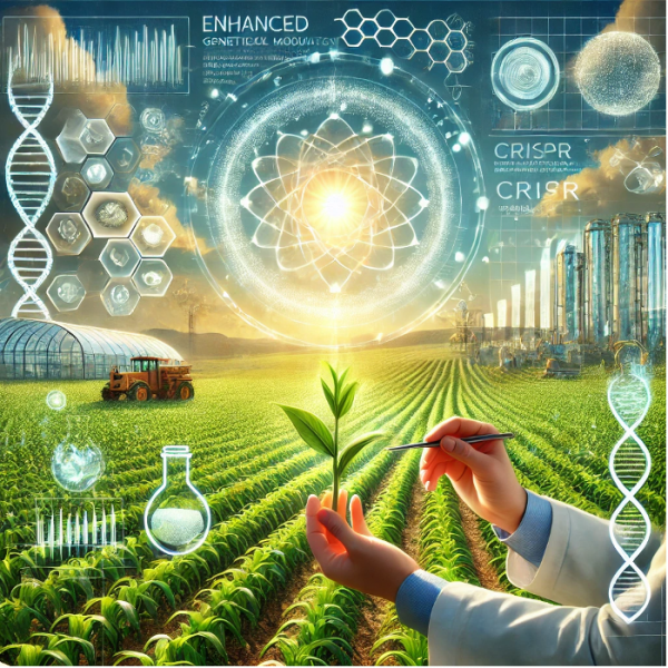 An artistic illustration depicting advanced agricultural biotechnology and modernized photosynthesis. The image should showcase futuristic genetically modified crops in a vibrant green field, with visible modifications such as enhanced RuBisCO enzymes and optimized photosynthetic pathways. A researcher in a white lab coat analyzes a plant with digital tools, while a semi-transparent overlay shows molecular structures and CRISPR genome editing symbols. Distant advanced greenhouses and solar-powered farming equipment in a clean, sustainable environment. Background includes a sunny sky with rays of light symbolizing the conversion of sunlight into biomass.