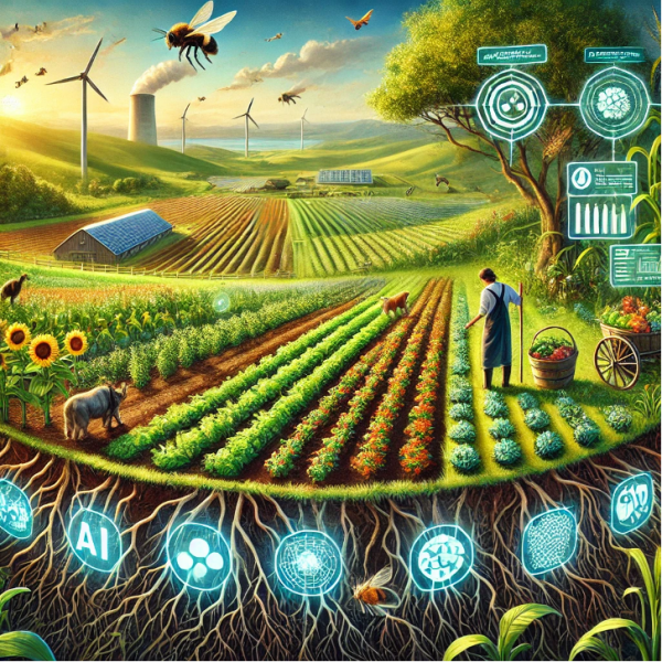 An artistic illustration showcasing regenerative agriculture innovations. The scene features a lush farm practicing sustainable methods like crop rotation, cover crops, and integrated livestock grazing. A farmer tends to diverse crops surrounded by thriving ecosystems, including pollinators and vibrant vegetation. The soil is visibly enriched, depicted with roots and organic matter layers. A futuristic touch includes AI-powered farming drones and digital monitors showing carbon sequestration and biodiversity metrics. In the background, wind turbines and solar panels emphasize sustainability, while the horizon highlights a healthy, clean environment under a clear, sunny sky.