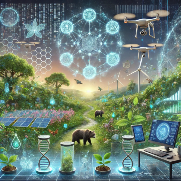 A futuristic and highly detailed illustration representing the convergence of ecological DNA and biotechnology for sustainable development. The scene includes a vibrant ecosystem with various plants, trees, and animals being analyzed by a glowing digital network overlay representing ecological DNA data collection. Drones equipped with sensors hover above, sampling environmental data. In the center, a modern laboratory setup features holographic displays showing DNA sequences and 3D molecular structures. The background includes renewable energy sources like solar panels and wind turbines, symbolizing sustainable development. The overall aesthetic combines advanced technology and nature, with soft lighting and intricate details showcasing harmony between science and the environment.
