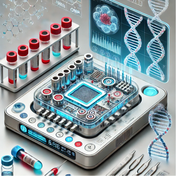 An illustration representing Lab-on-a-Chip technology for diagnostics at the point of care. The image features a compact microchip-sized laboratory with intricate microfluidic channels and embedded sensors. Small vials of blood and samples are being tested on the microchip, which is connected to a futuristic diagnostic device. A digital screen displays test results such as biomarker data in real-time. The environment is clean and modern, resembling a clinical lab or a portable diagnostic setup. Additional details include holographic visuals of DNA sequences and molecular structures floating above the device, symbolizing precision and innovation.