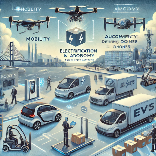 An illustration depicting the challenges and advancements in mobility, robots, and drones, with a focus on electrification and autonomy. The scene features a futuristic urban setting with electric vehicles (EVs) on the road, autonomous drones delivering packages in the sky, and robotic systems working in a warehouse. Visual elements include charging stations for EVs, highlighted advancements in battery technology like solid-state batteries, and a mix of humans interacting with semi-autonomous systems. The illustration should have a clean, modern, and technological aesthetic, emphasizing efficiency and innovation.