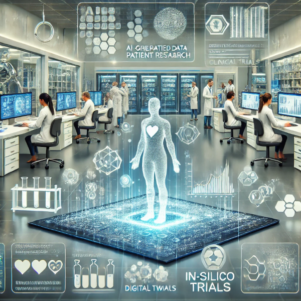 An illustration depicting synthetic healthcare data research and clinical trials innovation. The image features futuristic technology elements such as a holographic AI-generated patient dataset displayed on a digital screen, symbolizing synthetic data creation and analysis. Surrounding this, researchers in a modern laboratory environment interact with virtual screens and simulations, showing applications of AI, machine learning, and digital twins for clinical research. A section highlights in-silico trials with a 3D model of a virtual patient being tested for medicine. The background reflects a cutting-edge lab filled with smart devices, robotic systems, and advanced data-processing tools. The atmosphere should feel innovative, clean, and forward-thinking, emphasizing the role of technology in healthcare research.
