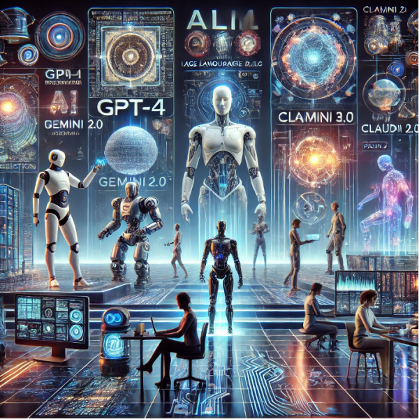 A futuristic and detailed digital illustration depicting AI leaders and breakthroughs in large language models (LLMs). The scene features advanced AI technology like robots interacting with data, digital landscapes filled with glowing circuits, and virtual assistants. Prominent AI models like GPT-4, Gemini 2.0, Claude 3.0, and PaLM 2 are symbolized as futuristic glowing servers or abstract digital entities, each representing their capabilities such as video generation, speech recognition, and multimodal AI. Humans collaborate with AI amidst holographic displays, data streams, and high-tech labs. The mood is innovative, modern, and sleek, with sharp digital visuals and glowing elements.