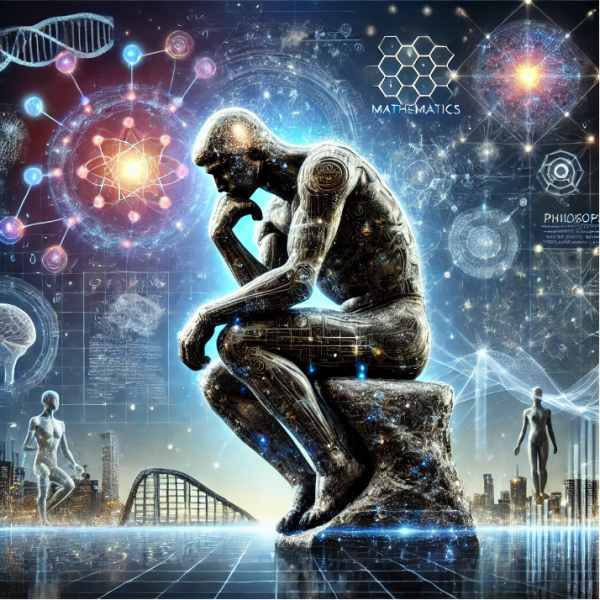 A futuristic and thought-provoking digital illustration depicting artificial intelligence on the verge of human-like thinking. The image features a humanoid robot with a glowing neural network brain, sitting in deep contemplation like 'The Thinker' sculpture. Surrounding the robot are holographic symbols of mathematics, philosophy, and reasoning, along with abstract streams of data and digital neurons connecting the robot to a vast, intelligent system. The background includes futuristic cityscapes and labs symbolizing technological progress, while a balance of light and shadow conveys the dual potential of AI: innovation and ethical concerns.