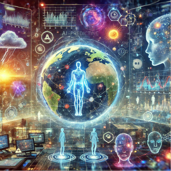A digital futuristic illustration representing AI predicting life, climate, and emotions. The scene includes three interconnected areas: 1) AI analyzing personal life represented by holographic human figures surrounded by predictive graphs and timelines, 2) AI visualizing the climate with a globe showing weather patterns, storms, and temperature overlays in real-time, and 3) AI analyzing emotions with abstract faces and data streams symbolizing emotional states. The background is a blend of high-tech laboratories and glowing neural networks, emphasizing innovation and interconnectedness. The mood is scientific, advanced, and hopeful, with vibrant colors.