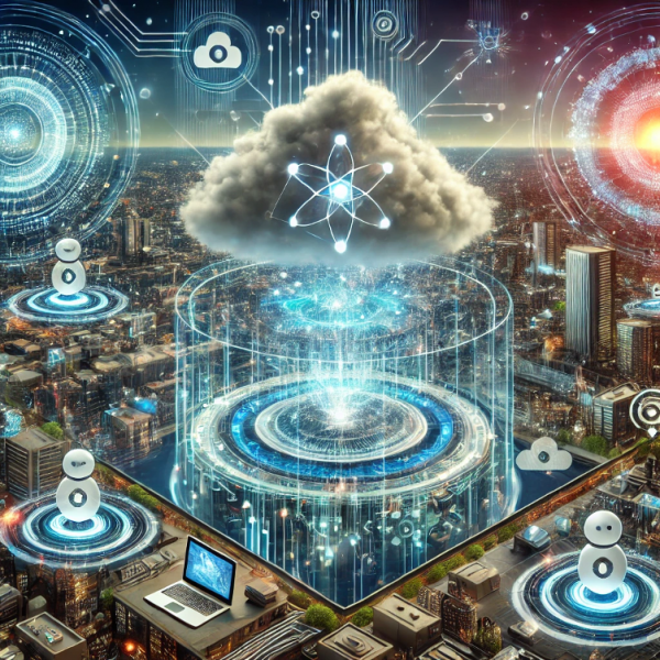 A futuristic digital illustration showing hybrid AI computing environments. The scene features three distinct layers: 1) a glowing cloud in the sky symbolizing cloud computing, surrounded by data streams and interconnected AI systems, 2) edge computing represented by advanced autonomous devices and robotic systems processing data closer to the source, and 3) local devices such as laptops, smartphones, and wearables actively running AI models for personalization and security. The setting is interconnected with digital circuits and neural networks weaving through the scene, blending high-tech cityscapes and abstract energy flows.