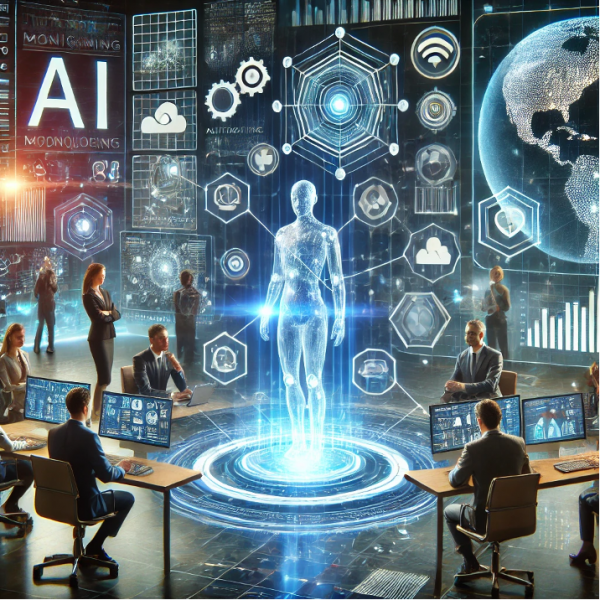A digital futuristic illustration showing the importance of monitoring emerging AI technologies. The scene features a diverse team of professionals in a high-tech control room surrounded by large holographic screens displaying AI trends, futuristic data visualizations, and global networks. Icons and graphs represent AI applications like automation, predictive analytics, and cloud computing. A glowing humanoid AI figure symbolizes technological progress, while abstract elements like interconnected neural networks and digital energy streams flow through the scene, highlighting innovation and vigilance. The atmosphere is advanced, collaborative, and inspiring.