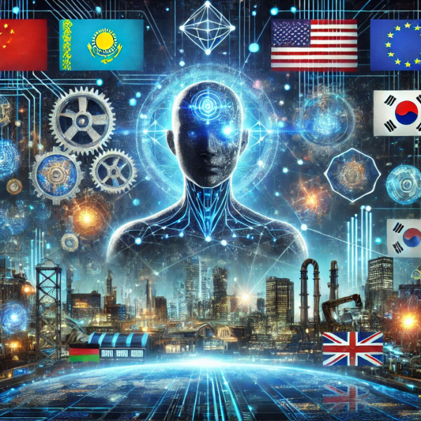 A futuristic digital illustration depicting the revolutionary impact of AI and global technological competition. The central figure is a glowing humanoid AI surrounded by a dynamic, interconnected network of data streams, gears, and holographic graphs symbolizing technological progress. The left side represents business and industry with robotic automation, digital factories, and executives analyzing data. The right side symbolizes global competition, featuring prominently displayed flags of world powers: Kazakhstan, USA, China, European Union, South Korea, Japan, and the United Kingdom. The background includes high-tech cityscapes and futuristic defense systems. The atmosphere is dynamic, with glowing elements, deep blue tones, and a sense of innovation and urgency.