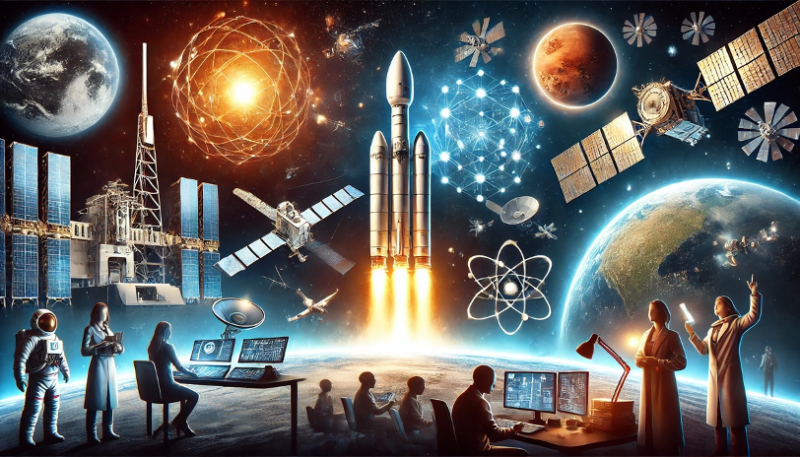 An illustration capturing the new era of space exploration, featuring multiple elements: a futuristic rocket launch symbolizing reusable rocket technology, a network of small satellites orbiting Earth representing satellite constellations, and a glowing depiction of Mars with small human habitats to signify a multi-planetary future. Include visuals of scientists conducting microgravity research in a space station, and diverse people working together at a space control center. The scene should blend technological sophistication with a hopeful, collaborative tone.